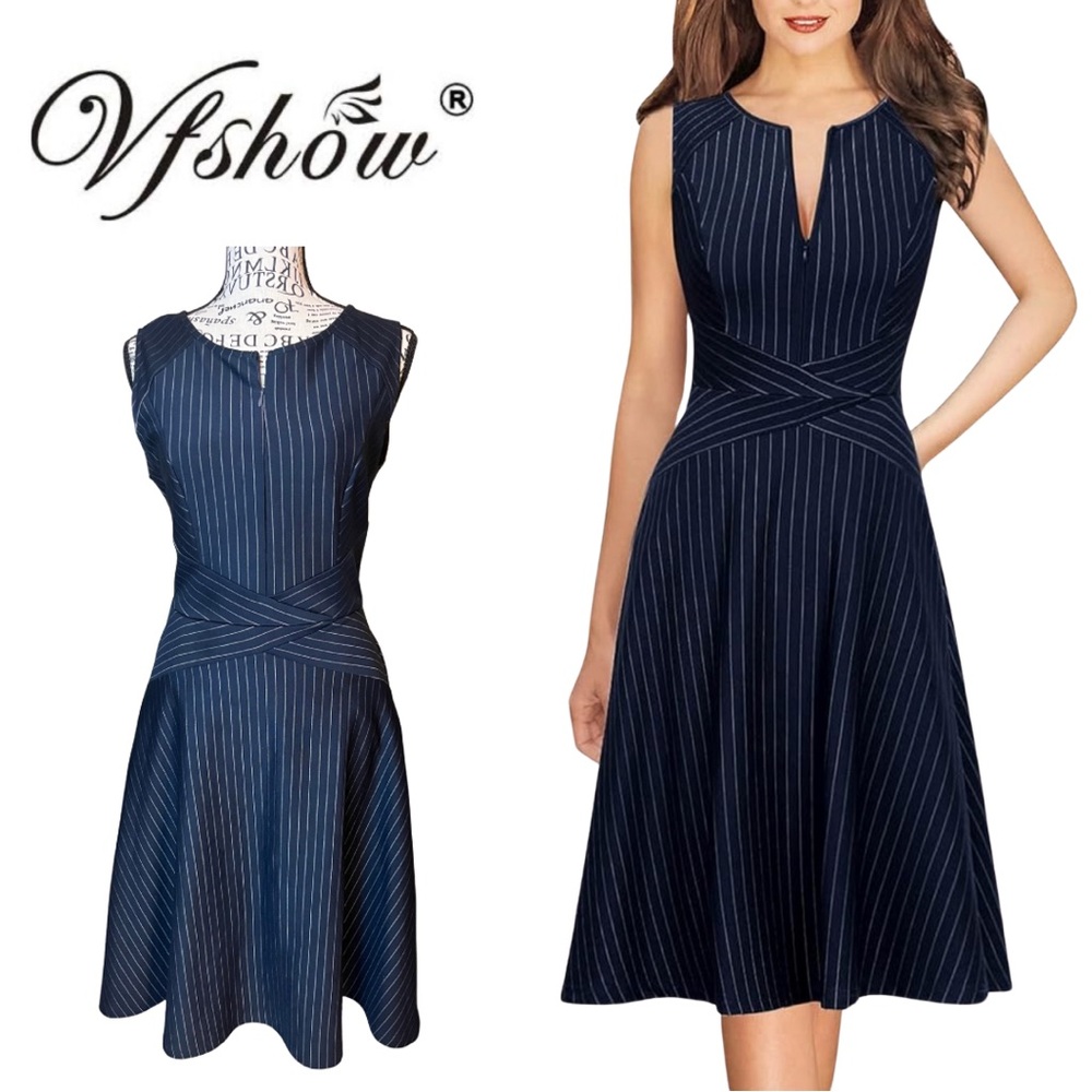 Navy Pinstripe Sleeveless Skater-style Midi Dress w/ Pockets, Fit n Flare, Small